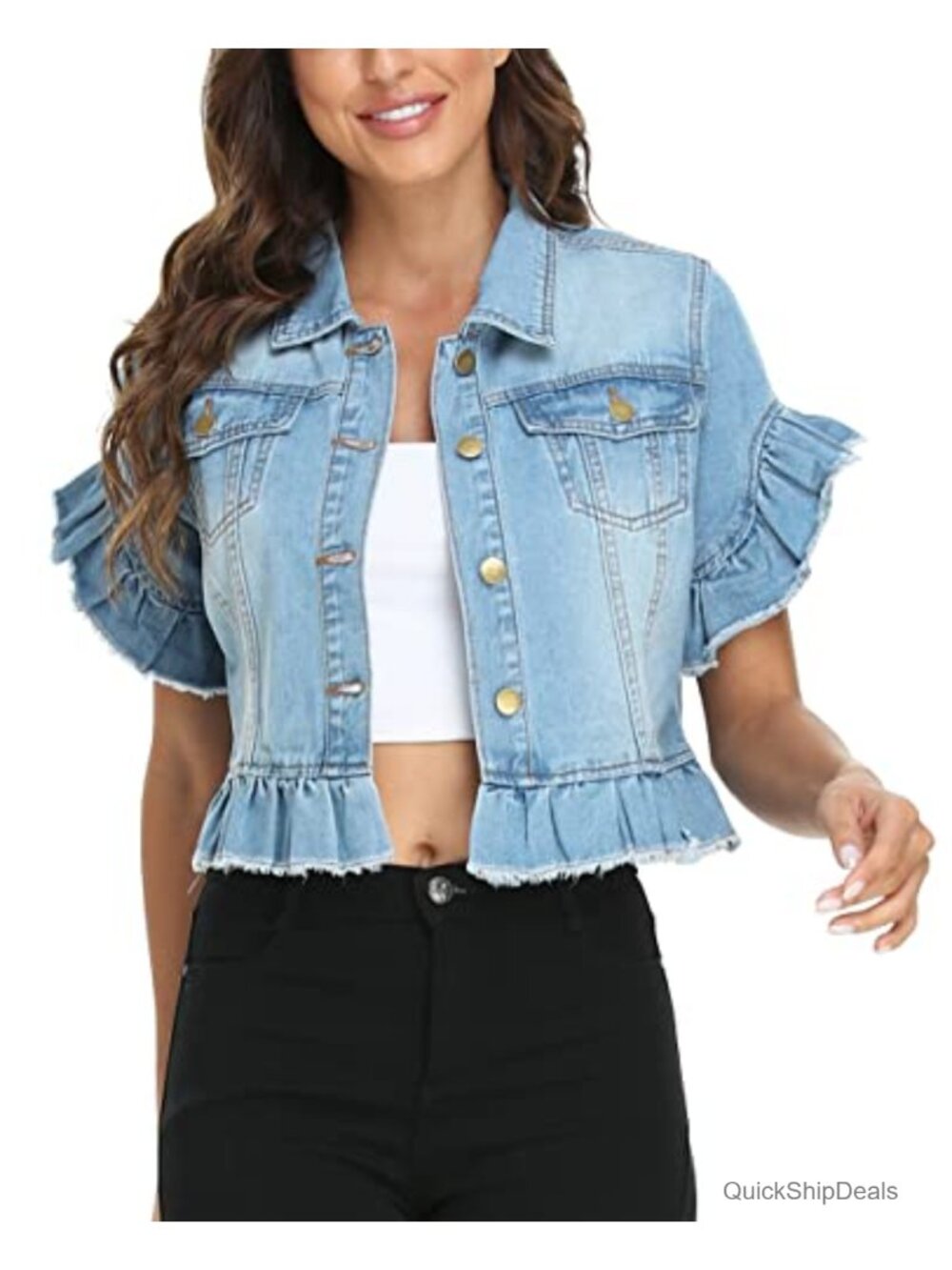 Cropped Denim Jacket Short Sleeve Ruffle Button Up Frayed Hem